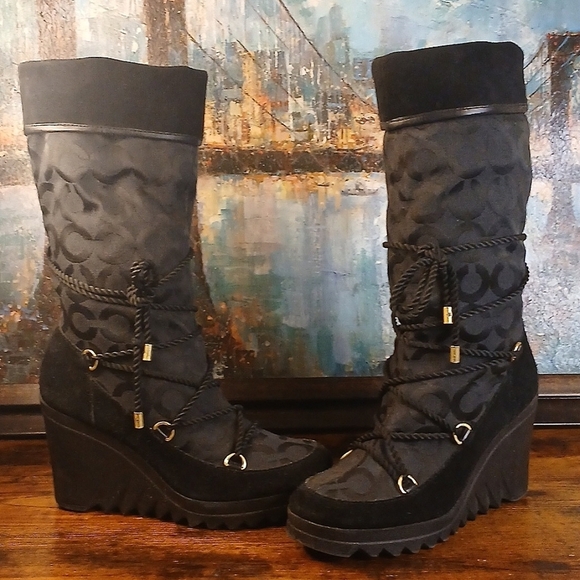 Women's Black Designer Wedge Boots - Picture 1 of 16